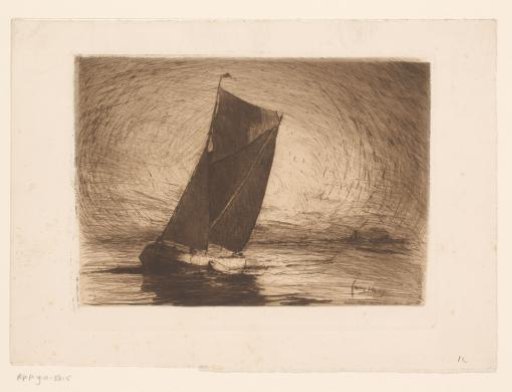 Sailing ship with a coastline in the background