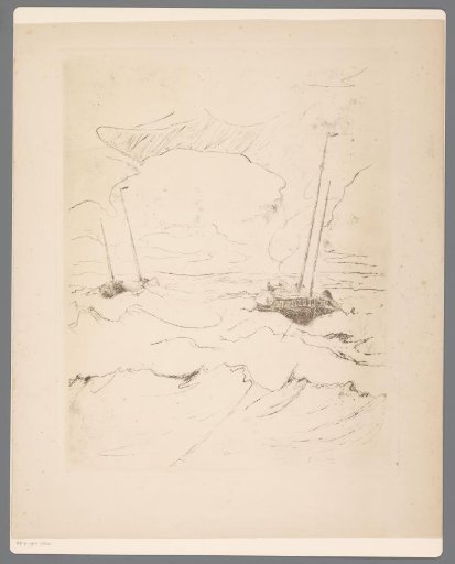 Waves crashing against two sailing boats at sea
