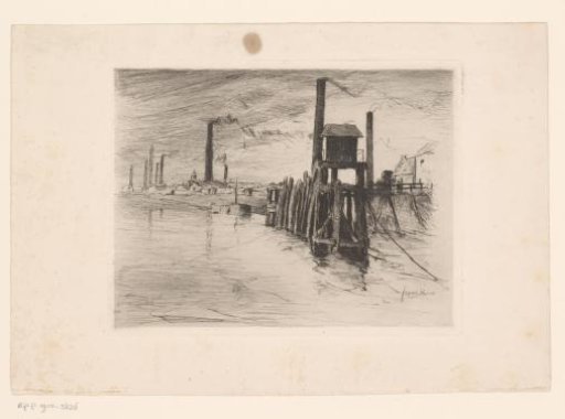Industrial harbor with chimneys and a tower in the water