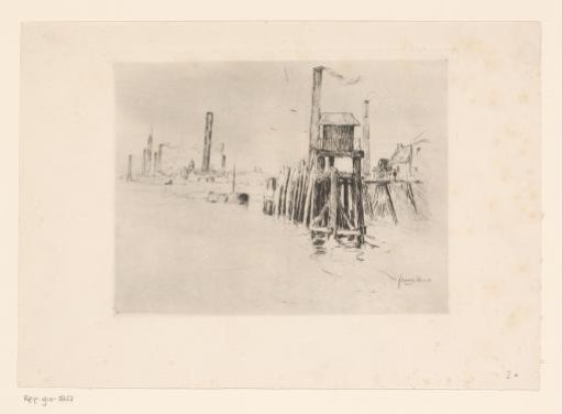 Industrial harbor with chimneys and a tower in the water