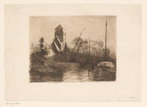Ships in the water along a shore with a church on it