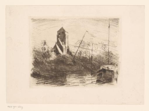 Ships in the water along a shore with a church on it