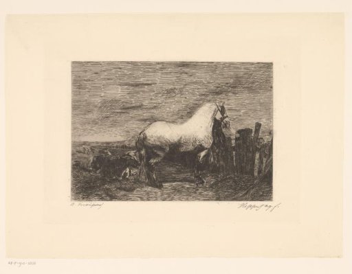 Landscape with horse and three cows