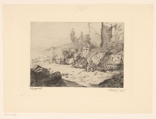 Herd of cattle resting near a ruin