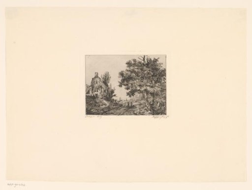 Landscape with a house on the left and a tree on the right