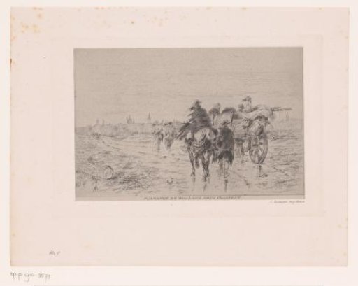 Group of travellers in and around a cart approaches a walled city