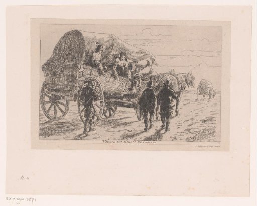 Tijl Uilenspiegel and two armed men escort a cart with five loose young women