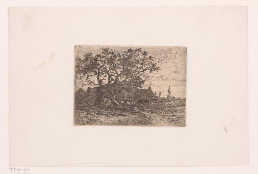 Landscape with farmhouses behind a large tree