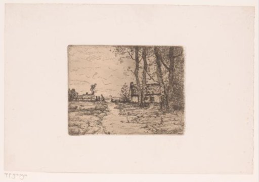 Landscape with a path between two farmhouses, a mill in the background