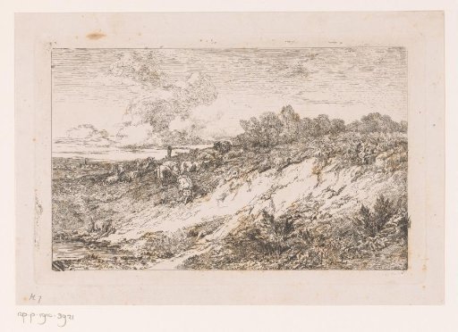 Shepherd with a flock of sheep on the dune