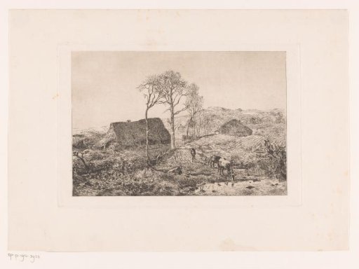 Drinking cow in a landscape with farms