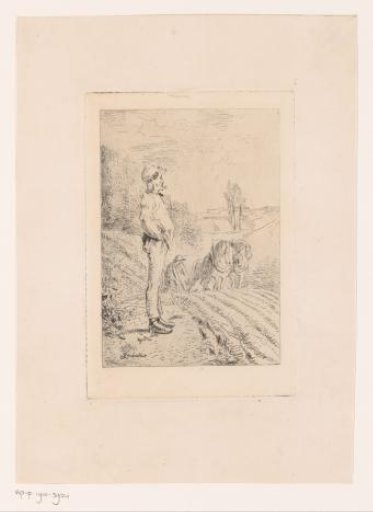 Man with a pipe watching a field being ploughed with a plough drawn by two horses