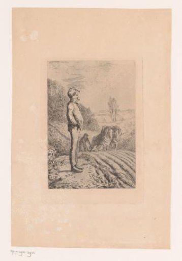 Man with a pipe watching a field being ploughed with a plough drawn by two horses