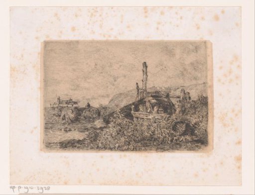Two rowing boats on the bank and a farmer with two cows