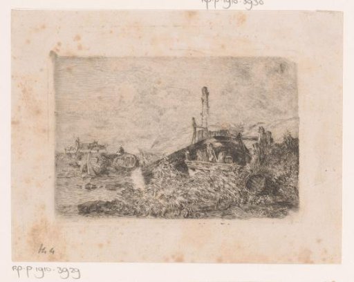 Two rowing boats on the bank and a farmer with two cows