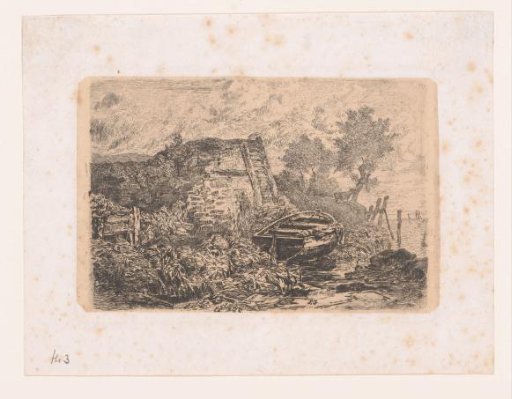 Rowing boat on the quay near a ruin