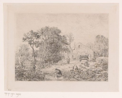 Woman kneeling at the water's edge to wash, a farm in the background