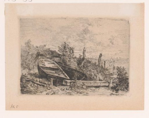Two rowing boats on the bank next to a river