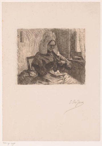 Woman darning socks sitting by the window