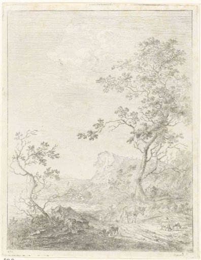 Mountainous landscape with a shepherd and cattle on the road