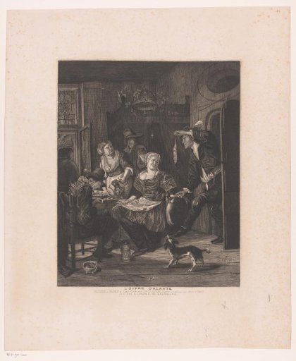 Man entering a room with company at a table and offering a fish