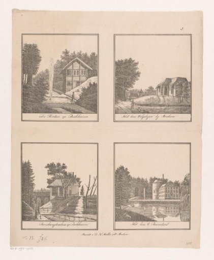 Views of a fountain and houses