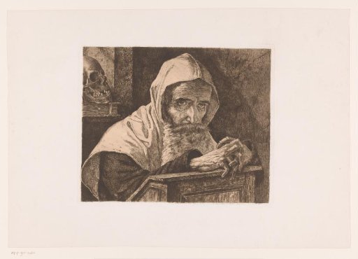 Old Man with Beard and Cap Sitting with Folded Hands on a Prayer Desk