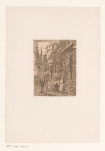 Street view with a man on crutches before a crucifix