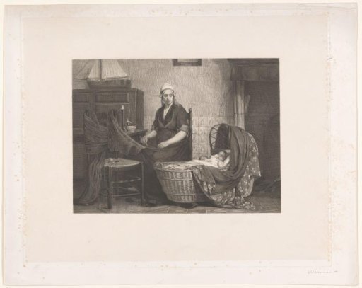 Interior with a mother sewing by a cradle