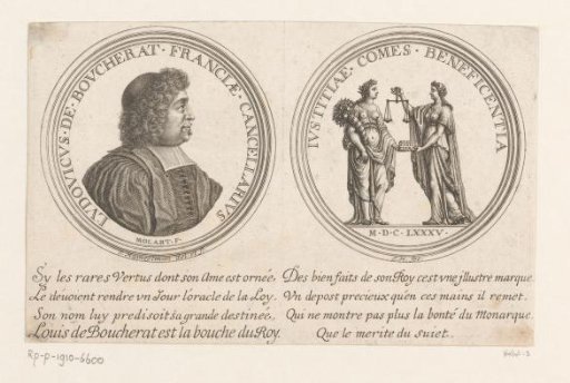 Two medals with on the left the portrait of Louis Boucherat and on the right the personifications of charity and justice