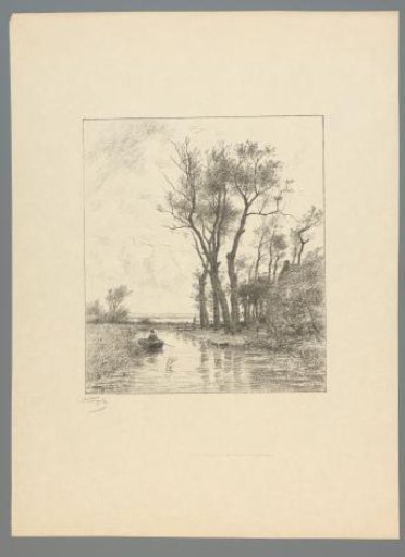 Ditch with rowing boat and half-hidden house next to it