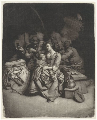 Woman with a sleeping child in an inn