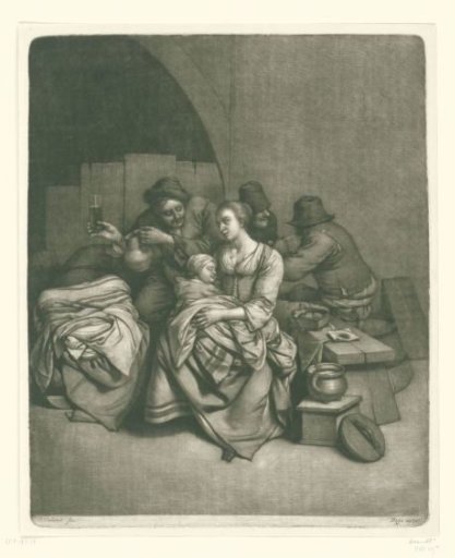 Woman with a sleeping child in an inn