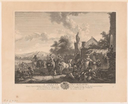 Returning hunting party at a fountain