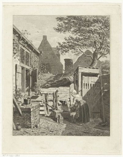 Courtyard with Woman Filling a Trough near an Animal Pen