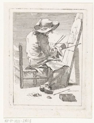 Painter with palette and brushes at work at his easel