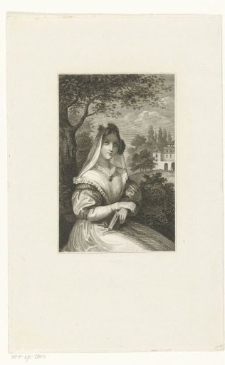 Lady with Veil and Book Sitting in a Garden Before a Large House