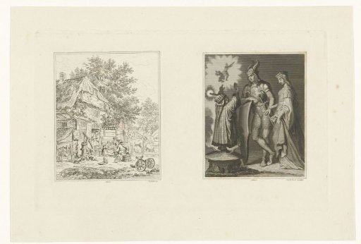 Two views: Farm and family with children on the yard with cattle; Little wizard and knight with a lady