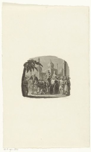 Lady arriving in an open carriage at an oriental palace