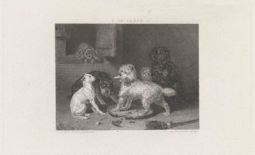 Various dogs by a wall
