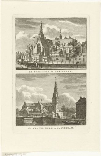 View of the Oude Kerk and Westerkerk in Amsterdam