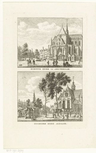 Two city views in Amsterdam with the Nieuwe Kerk and Noorderkerk
