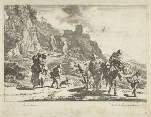 Woman on a pack mule, man with a cow and other travellers in a mountainous landscape