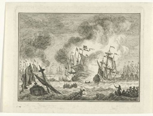 Naval battle with sinking ships