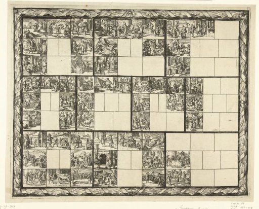 Sheet with dozens of small depictions of a legal nature (illustrations for 'Ars magna et admirabilis (...) Pandectarum tituli (...) ope figurarum emblematicarum'?)