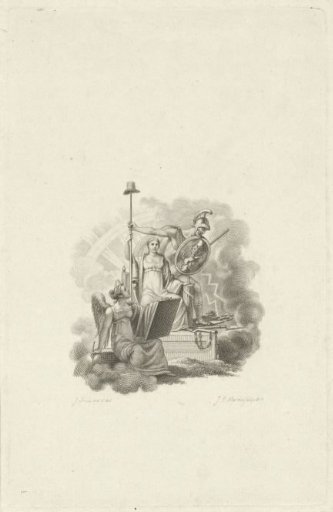 Allegorical representation with a woman holding a liberty cap on a spear