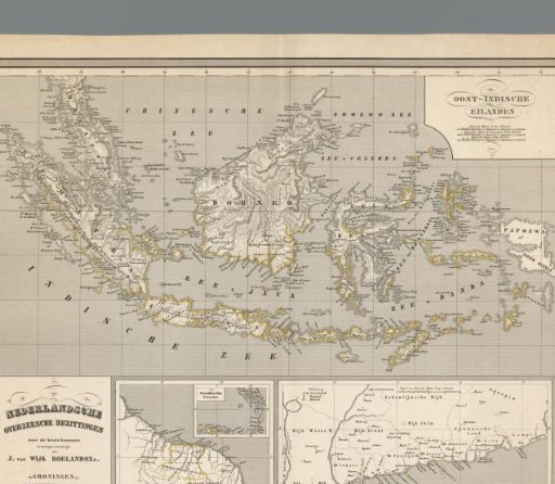 Map of Indonesia, with an inset of the coast of South America, the Dutch Antilles, and the coast of Guinea