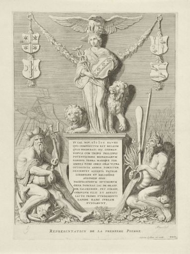 Sculpture group with the Amsterdam Maiden, river gods, and inaugural text in the Vierschaar of the Town Hall on the Dam
