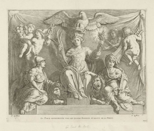 Sculpture group with allegory of the Strength of Amsterdam on the east side of the Burgerzaal in the Town Hall on the Dam