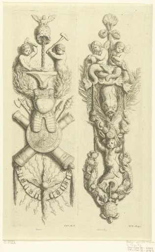 Coat of arms trophy with mermaids, a fish, and shellfish